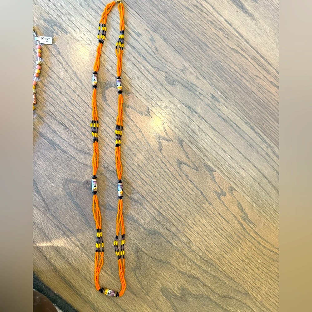 Hand painted Orange and Black Beaded vintage Necklace